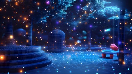 Fototapete - Explore a mesmerizing digital realm! Glowing wireframe objects create an ethereal atmosphere. A futuristic scene blending architecture and nature. Abstract dark blue wireframe