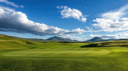 Aufkleber - Stunning panoramic view of a vibrant green golf course nestled in a serene valley, with majestic mountains under a bright, partly cloudy sky. : Generative AI