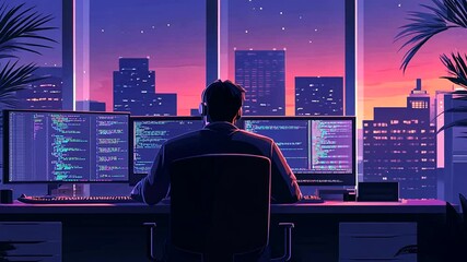 A programmer working late at night, coding in a modern office with city skyline views at sunset