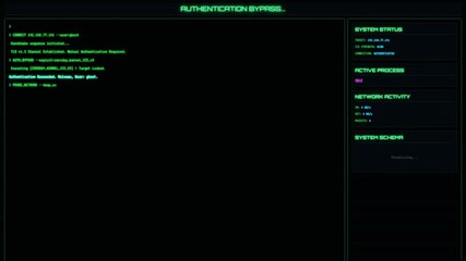 advanced hacking interface showing a multi-panel layout with terminal logs, system status, and a dyn