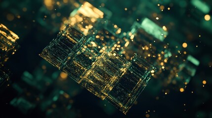 Wall Mural - abstract gold-green cubes floating, dark background, data visualization