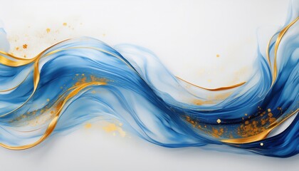 Poster - flowing blue silk wave with golden accents and star dust on white background for elegant branding or luxury digital design

