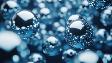 Wall Mural - blue metallic spheres floating, abstract background, science concept