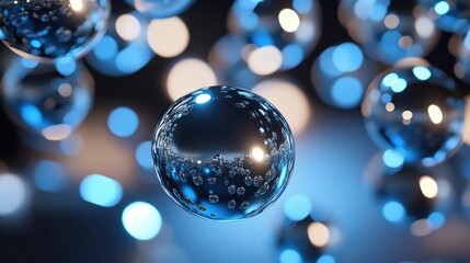 Wall Mural - blue spheres floating, dark background, abstract science concept, website banner