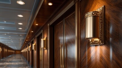 Poster - A long hallway with gold light fixtures on the walls