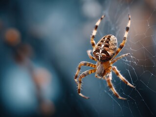 Close-up of an orb-weaver spider in its intricate web.