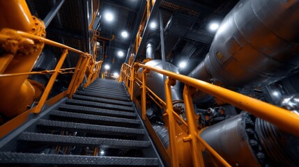 Poster - A staircase in a large industrial building with a yellow railing