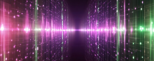 Aufkleber - Abstract Background with Glowing Pink and Green Particles and Vertical Lines in a Dark Space Futuristic Digital Art Design Energy Concept