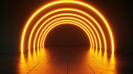 Wall Mural - glowing orange arches, dark room, reflective floor, futuristic background, ideal for tech design