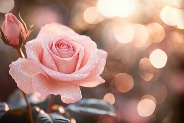 Aufkleber - Macro Shot of a Pink Rose with Glittering Petals and Soft Bokeh Background Creating a Romantic and Elegant Floral Still Life