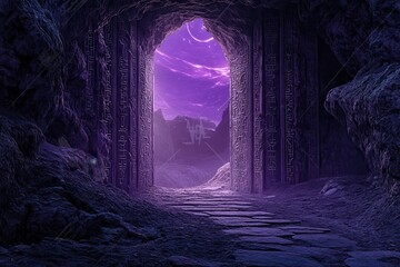 Aufkleber - Mystical Purple Lit Stone Arch Portal Leading to A Nighttime Fantasy Landscape with Futuristic Abstract Design Elements and Ethereal Glow