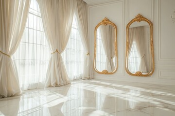 Poster - Opulent Interior with Two Golden Framed Mirrors Reflecting Natural Light from Tall Windows Draped in Elegant White Curtains Revealing a Polished Marble Floor