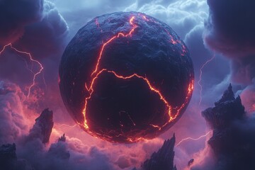 Poster - Pixelated Sphere with Glowing Cracks Amidst Stormy Clouds with Red and Purple Lighting