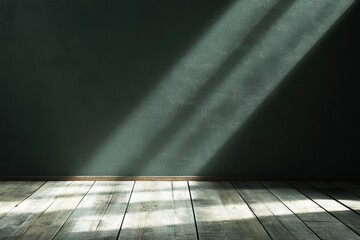 Aufkleber - Sunlight Streaks Across Rustic Wooden Floor and Textured Dark Gray Wall Creates Atmospheric Indoor Scene