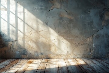 Poster - Sunlight Streaming Through Window onto Textured Gray Wall and Weathered Wooden Floor Creating Stark Shadows