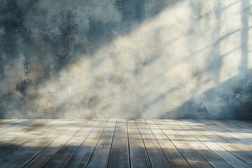 Poster - Sunlight Streams Through Window onto Aged Grunge Wall and Wooden Floor Interior with Rustic and Distressed Texture Offering a Vintage Style