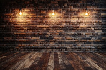 Aufkleber - Three Edison Bulbs Hanging Above an Aged Brick Wall and Distressed Wooden Floor Interior Design with Warm Light