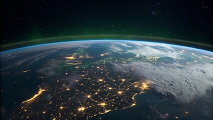 Wall Mural - the curved horizon of earth glows with a brilliant green aurora, as the intricate network of city li