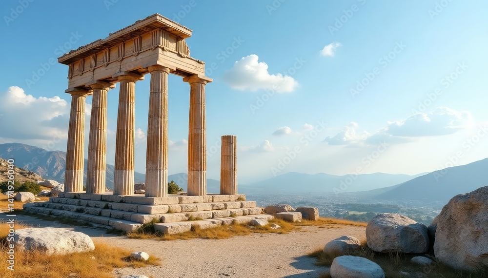 Ruins of an ancient Greek temple, weathered columns against a clear sky ...