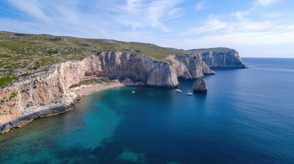 Poster - Aerial view of a secluded cove with turquoise water, surrounded by dramatic white limestone cliffs and a small sandy beach, two yachts are anchored nearby. : Generative AI
