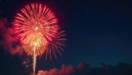 vibrant fireworks exploding in a night sky, displaying fiery red, orange, and yellow flames , glitte