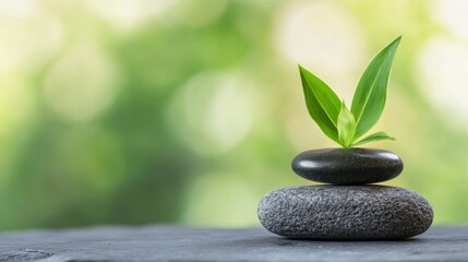 Aufkleber - Zen garden scene with two smooth gray stones and vibrant green leaves atop, set against a blurred green background, conveying serenity and balance. : Generative AI