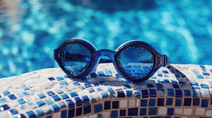 blue swimming goggles resting on a poolside tile