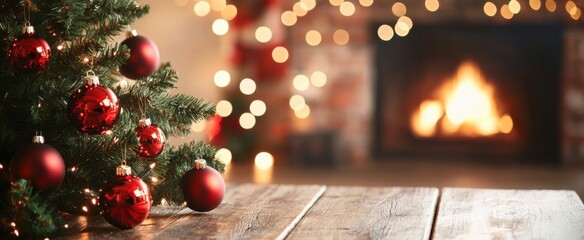 Poster - A rustic wooden table sits in front of a cozy Christmas scene, featuring a decorated fir tree with red ornaments and a warm, inviting fireplace glowing in the background. : Generative AI