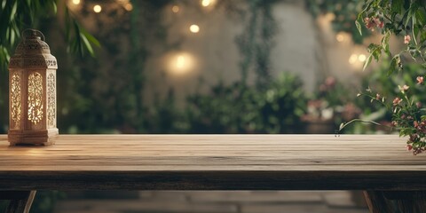 Poster - Ornate Lantern on Rustic Wooden Table in Lush Garden Setting Under Soft String Lights Creates a Warm and Inviting Ambiance for Outdoor Evening Gatherings Celebrations and Decorative Still Life