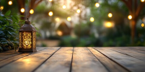 Poster - Ornate Lantern Illuminating Rustic Wooden Table Surrounded by Greenery and Glowing String Lights Creating a Warm Ambiance in a Garden Setting at Twilight