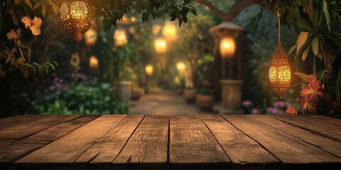 Poster - Rustic Wooden Table Amidst Glowing Lanterns Hanging on Green Trees in Enchanted Garden Path at Dusk Creates a Magical and Romantic Atmosphere