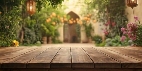 Poster - Rustic Wooden Table in Lush Green Garden with Hanging Lanterns and Blossoming Flowers Warm Lighting Creates a Serene Outdoor Setting for Product Display Or Event Backdrop