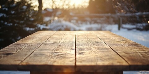 Poster - Rustic Wooden Table on Snowy Ground in Winter Season with Golden Light Creates a Cozy Outdoor Atmosphere