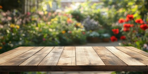 Poster - Rustic Wooden Table Surface with Blurred Garden View Rich in Vibrant Floral and Plant Life Under Sunny Weather Perfect for Product Display and Natural Backdrop