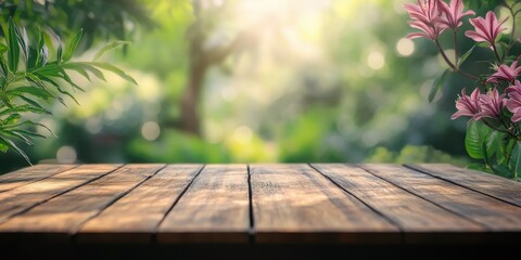 Poster - Rustic Wooden Table Surrounded by Lush Greenery and Delicate Pink Flowers in a Sunny Outdoor Setting for Product Display and Springtime Decoration