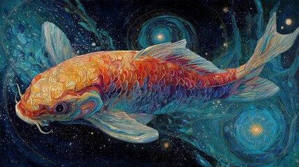 Wall Mural - Colorful koi fish in a cosmic, swirling background.