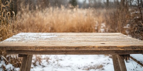 Aufkleber - Snow Covered Wooden Table in Winter Landscape Scene with Natural Frost Background A Winter Season Picnic Table Wooden Plank Top Covered in Snow and Frost