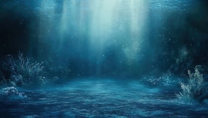 Aufkleber - Sunlight Filtering Through Deep Blue Ocean Waters Creating a Mysterious Underwater Scene with Soft Textures and Rhythmic Ripples