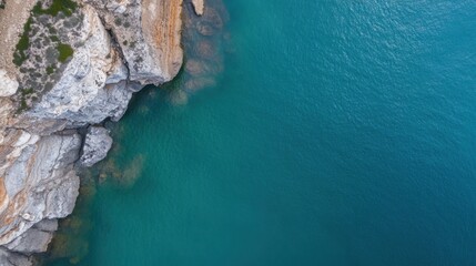 Aufkleber - Aerial view of a dramatic coastline where rugged, grey cliffs meet a vibrant teal ocean, showcasing a stunning contrast of land and sea. : Generative AI