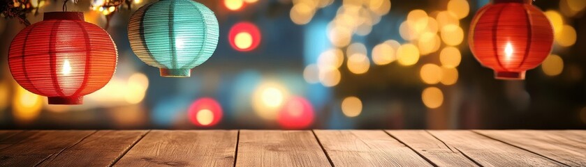 Poster - Three Hanging Lanterns in Red and Teal Against a Bokeh Background on a Wooden Table Top with a Warm and Inviting Glow Casting a Festive and Decorative Ambiance