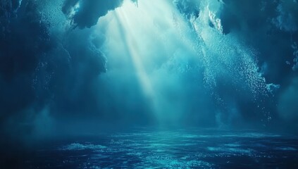 Aufkleber - Underwater Sunlight Beams Through Blue Ocean Waters Creating a Dreamy Ethereal Waterscape with Ripples and Sparkling Light
