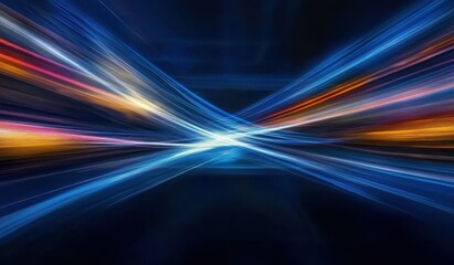 Aufkleber - Vibrant Light Streaks in Dynamic Abstract Composition with Blue Gold and Red Hues on a Dark Reflective Surface Creating a Sense of Futuristic Speed and Motion