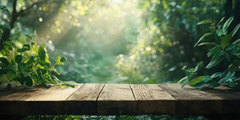 Aufkleber - Wooden Table Amidst Lush Green Forest Illuminated by Sunlight Scenery Featuring a Blurred Natural Background With Copy Space