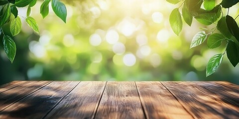 Aufkleber - Wooden Table Surface Surrounded by Green Leaves Against Blurred Natural Background in Bright Sunlight Offering a Rustic Outdoor Spring and Summer Scene