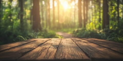 Poster - Wooden Table Surface Overlooking Tranquil Green Forest Path With Soft Sunlight Filtering Through Trees in the Background Blurring Into a Serene Landscape