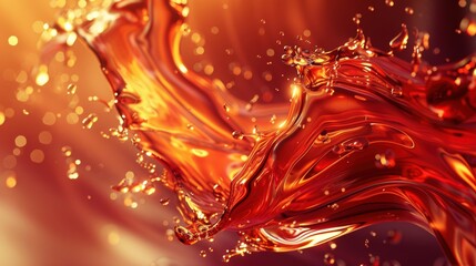 Abstract splash of amber liquid with dynamic motion and glowing bokeh light effects.