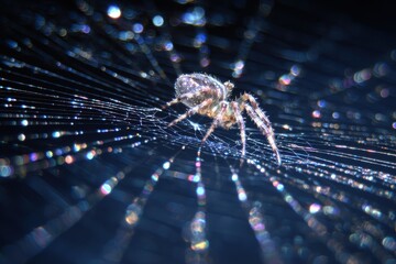 Detailed close-up of spider on intricate web at night.