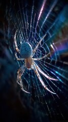 Close-up of a spider on its intricate web at night.