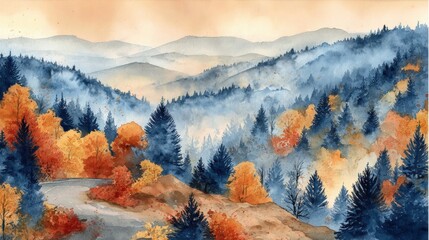 Wall Mural - a misty mountain landscape with colorful autumn trees and winding roads, illustrated in watercolor s