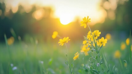 Aufkleber - Golden hour sunlight illuminates a field of vibrant yellow wildflowers, creating a serene and peaceful summer landscape. : Generative AI